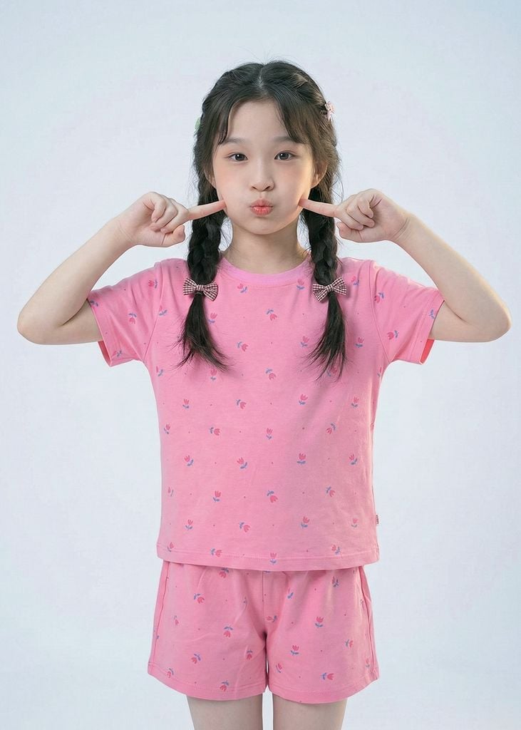 Bộ Thun Ngắn Tay Form Rộng Bé Gái Hồng Hoạ Tiết Hoa Tulip