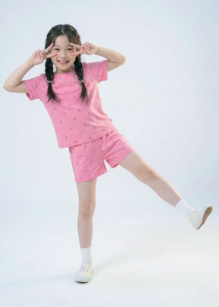 Bộ Thun Ngắn Tay Form Rộng Bé Gái Hồng Hoạ Tiết Hoa Tulip