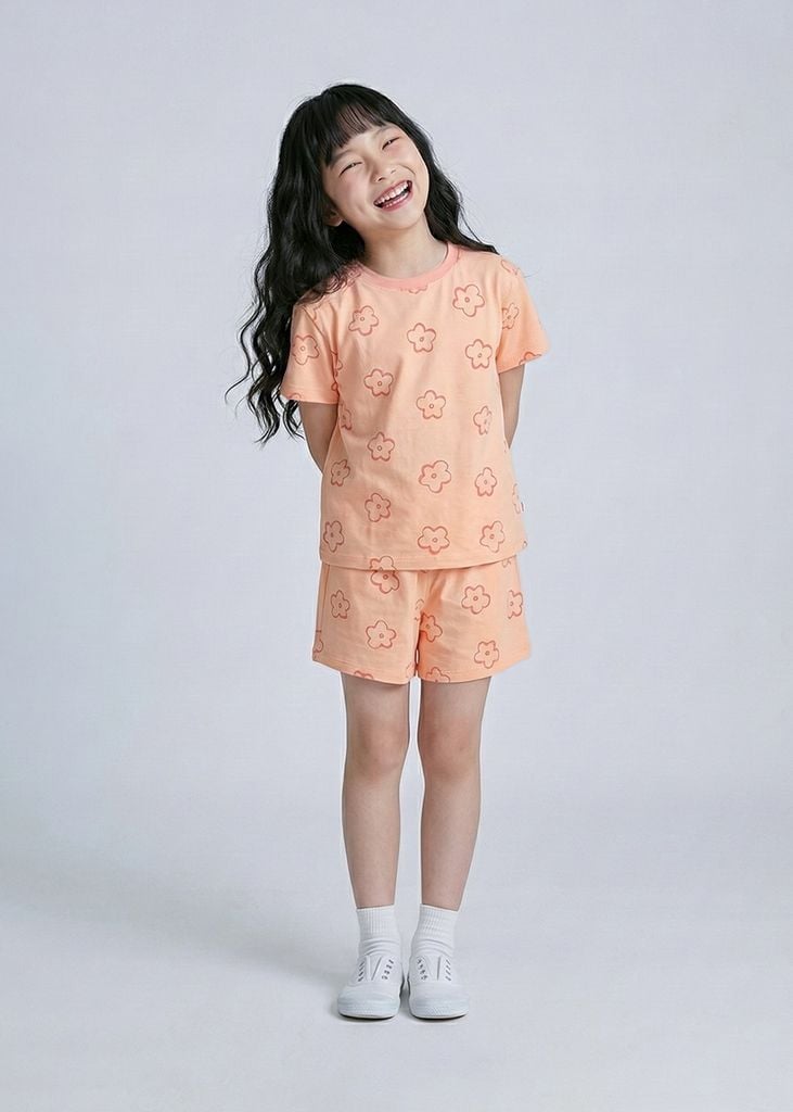 Bộ Thun Ngắn Tay Form Rộng Bé Gái Hồng Cam Hoạ Tiết Hoa