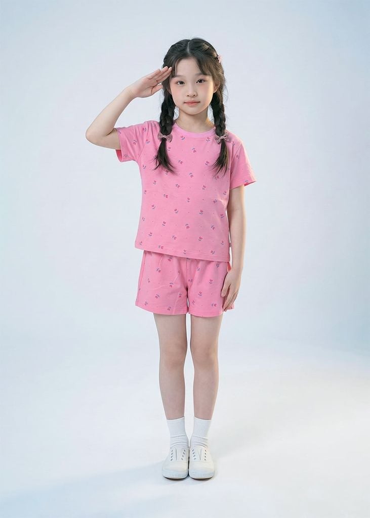 Bộ Thun Ngắn Tay Form Rộng Bé Gái Hồng Hoạ Tiết Hoa Tulip