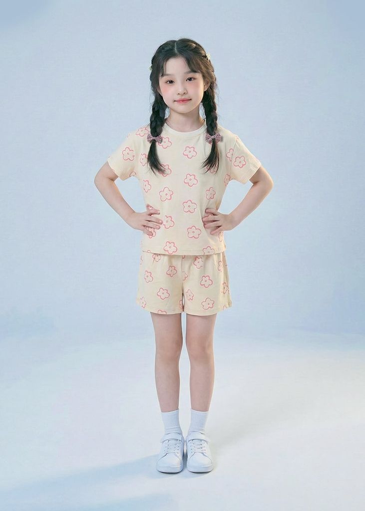 Bộ Thun Ngắn Tay Form Rộng Bé Gái Be Hoạ Tiết Hoa