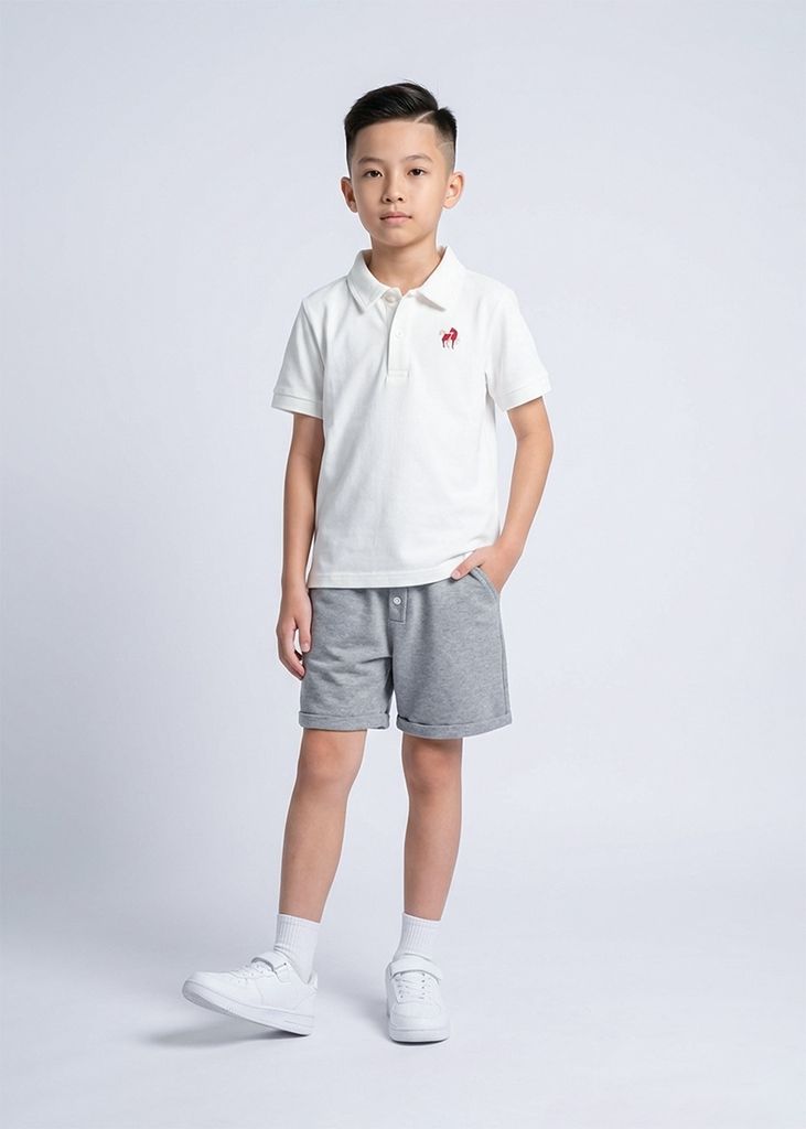 Áo Polo Ngắn Tay Bé Trai Trắng Thêu Ngựa