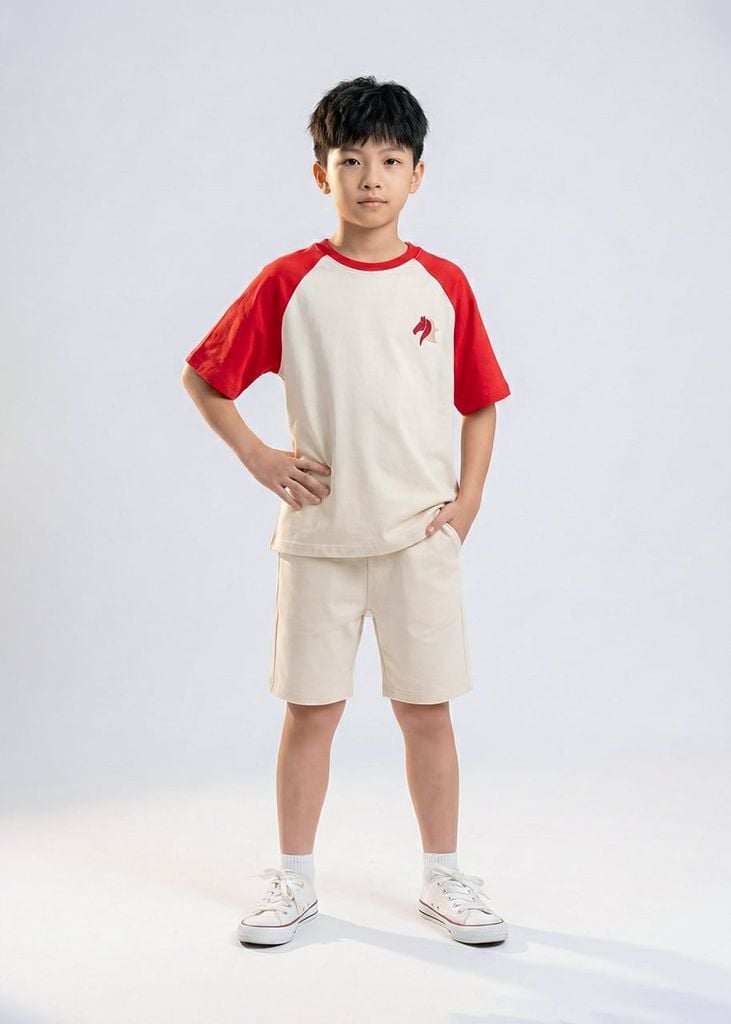 Set Thun Form Rộng Raglan Bé Trai Kem Phối Đỏ Thêu Ngựa