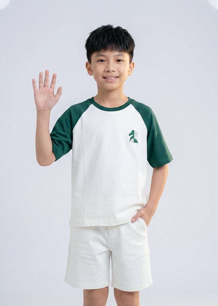Set Thun Form Rộng Raglan Bé Trai Trắng Phối Xanh Thêu Ngựa