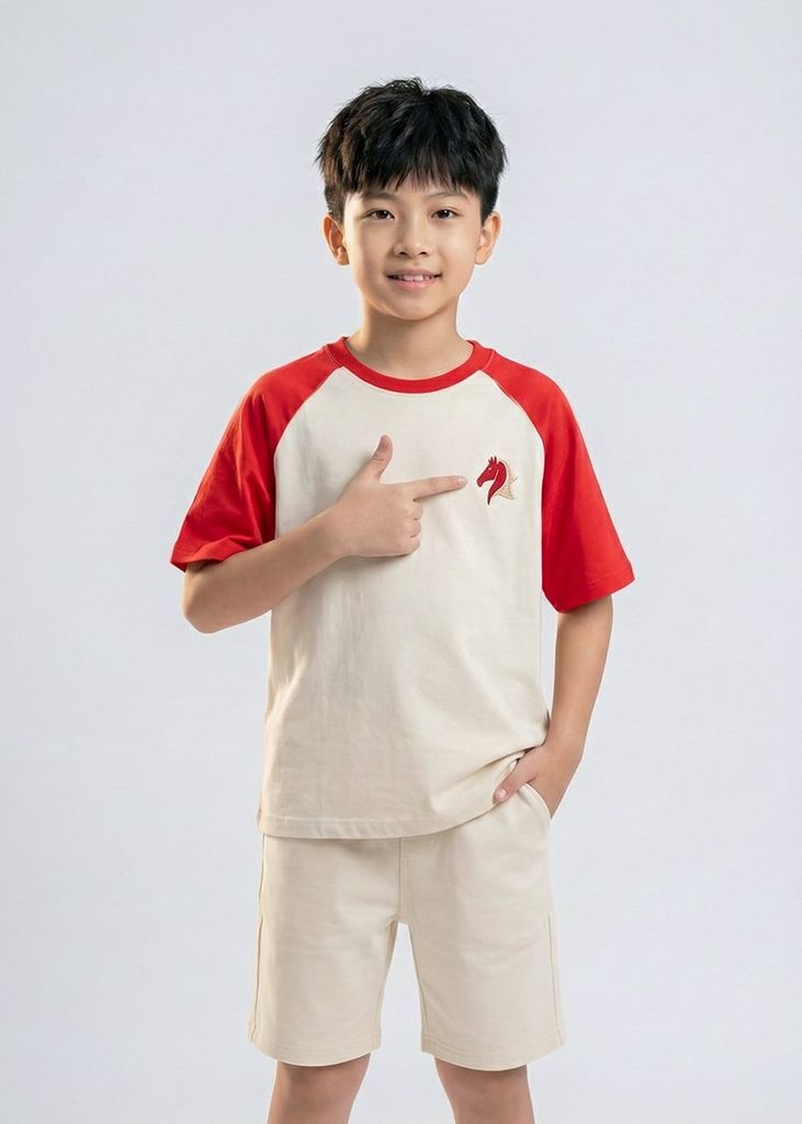 Set Thun Form Rộng Raglan Bé Trai Kem Phối Đỏ Thêu Ngựa