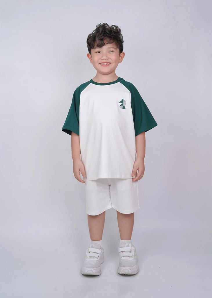 Set Thun Form Rộng Raglan Bé Trai Trắng Phối Xanh Thêu Ngựa