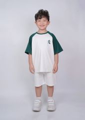 Set Thun Form Rộng Raglan Bé Trai Trắng Phối Xanh Thêu Ngựa