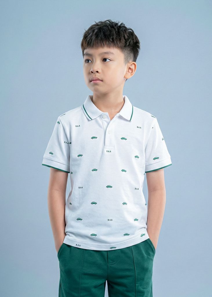 Set Polo Cổ Dệt Bé Trai Trắng Kem Hoạ Tiết Xe Phối Xanh Lá