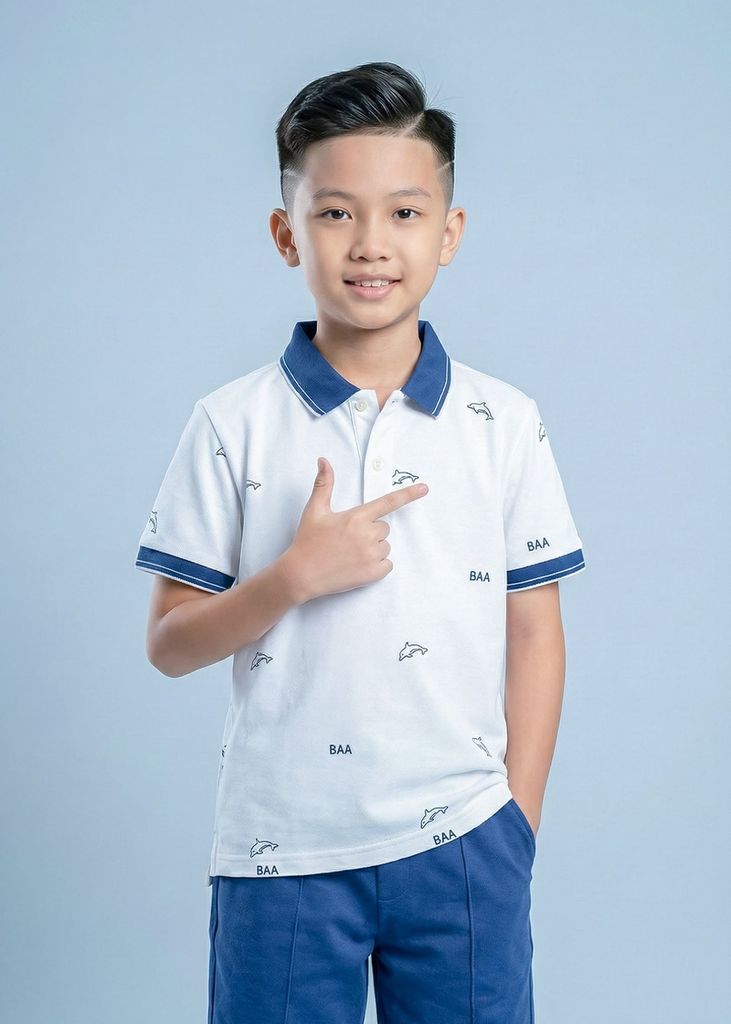 Set Polo Cổ Dệt Bé Trai Trắng Kem Hoạ Tiết Cá Voi Phối Xanh