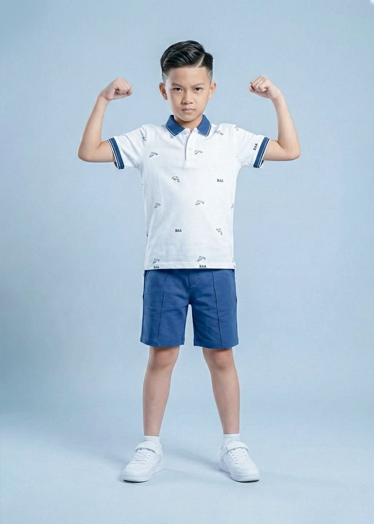 Set Polo Cổ Dệt Bé Trai Trắng Kem Hoạ Tiết Cá Voi Phối Xanh