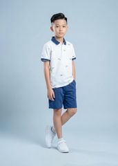 Set Polo Cổ Dệt Bé Trai Trắng Kem Hoạ Tiết Cá Voi Phối Xanh