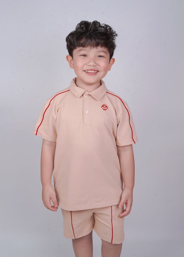 Set Polo Ngắn Tay Bé Trai Beige Viền Đỏ