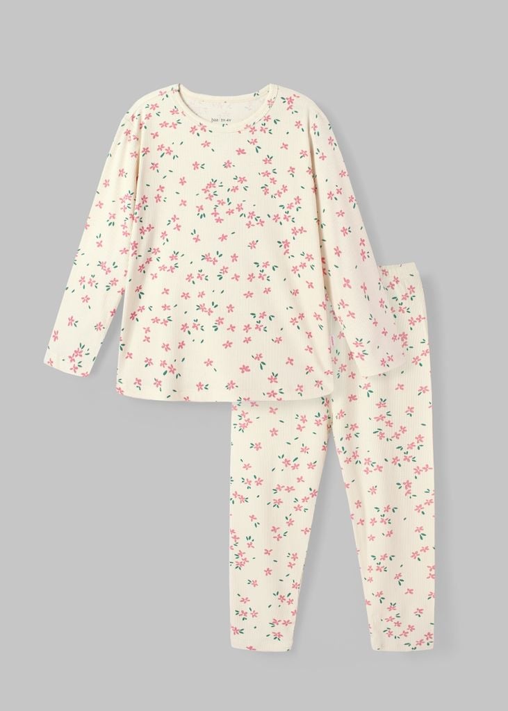 Bộ Thun Dài Tay Bé Gái Gân Trắng Kem Hoạ Tiết Hoa Liti