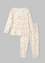 Bộ Thun Dài Tay Bé Gái Gân Trắng Kem Hoạ Tiết Hoa Liti