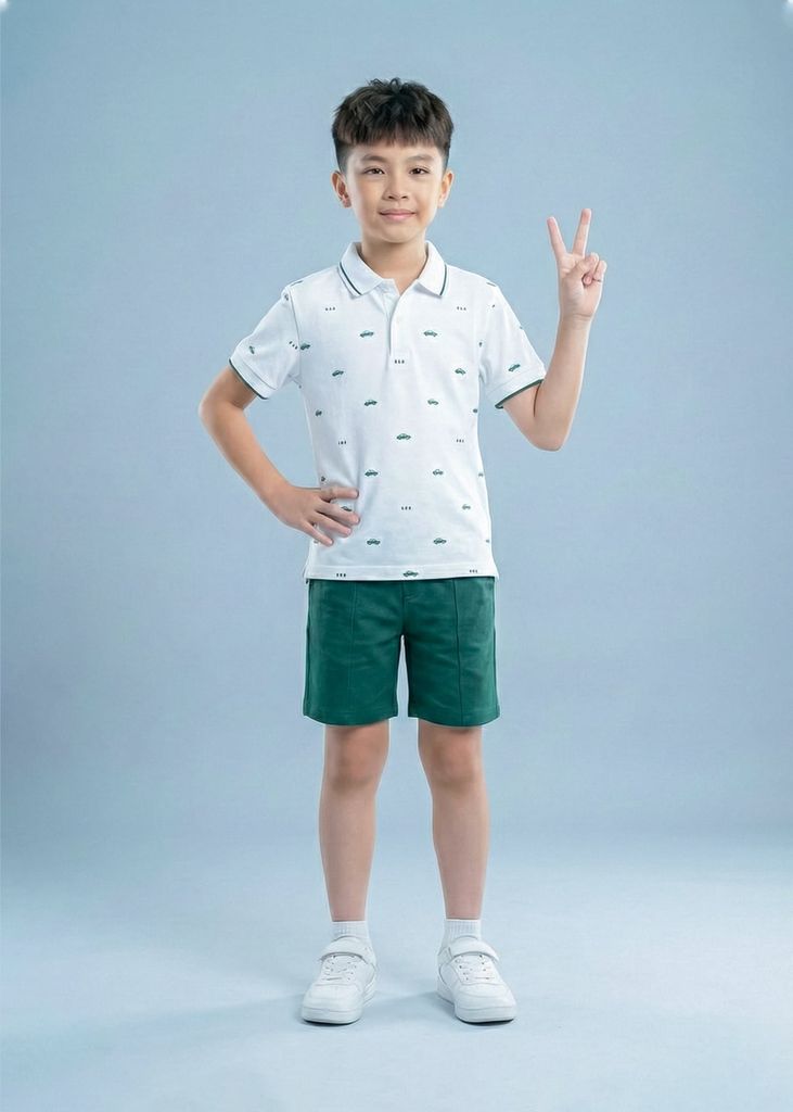 Set Polo Cổ Dệt Bé Trai Trắng Kem Hoạ Tiết Xe Phối Xanh Lá