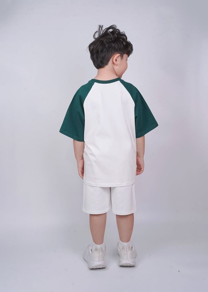 Set Thun Form Rộng Raglan Bé Trai Trắng Phối Xanh Thêu Ngựa