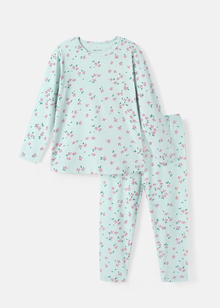 Bộ Thun Dài Tay Bé Gái Gân Xanh Nhạt Hoạ Tiết Hoa Liti