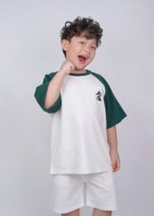 Set Thun Form Rộng Raglan Bé Trai Trắng Phối Xanh Thêu Ngựa