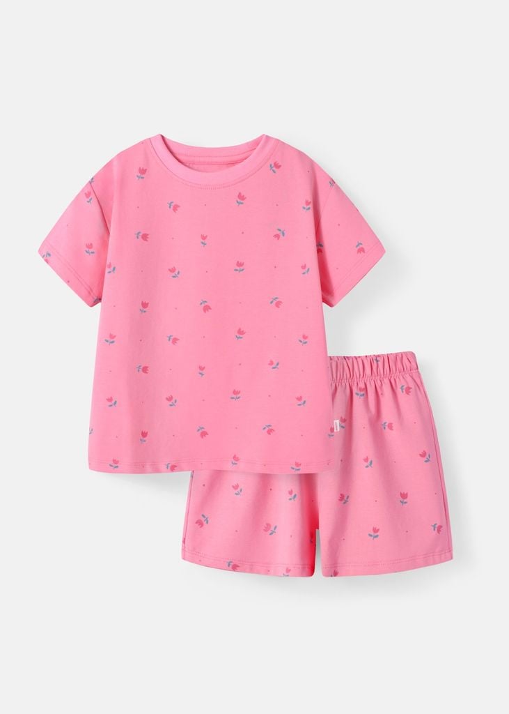 Bộ Thun Ngắn Tay Form Rộng Bé Gái Hồng Hoạ Tiết Hoa Tulip