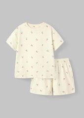 Bộ Thun Ngắn Tay Form Rộng Bé Gái Kem Hoạ Tiết Hoa Tulip