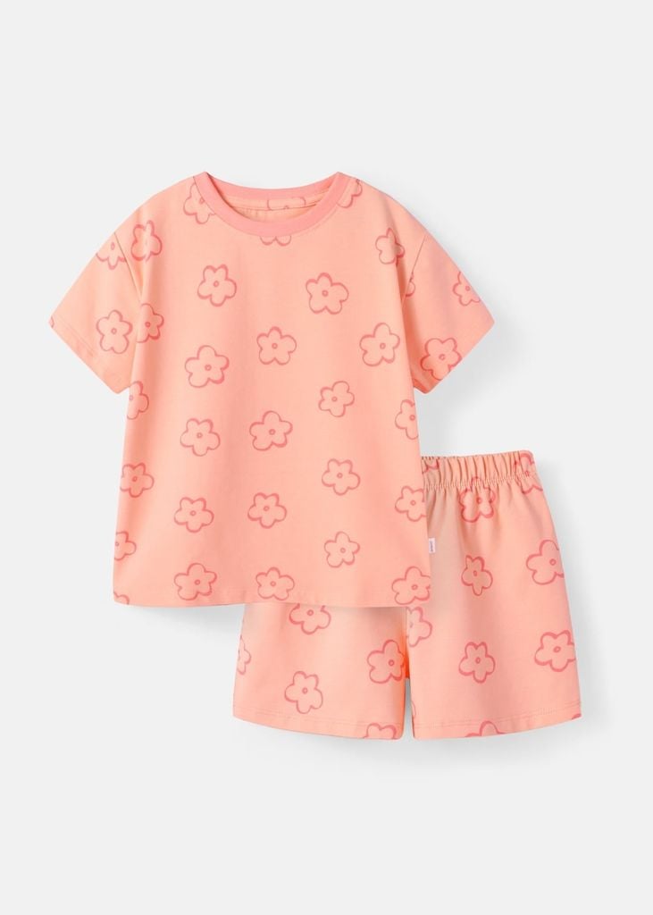 Bộ Thun Ngắn Tay Form Rộng Bé Gái Hồng Cam Hoạ Tiết Hoa