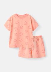 Bộ Thun Ngắn Tay Form Rộng Bé Gái Hồng Cam Hoạ Tiết Hoa