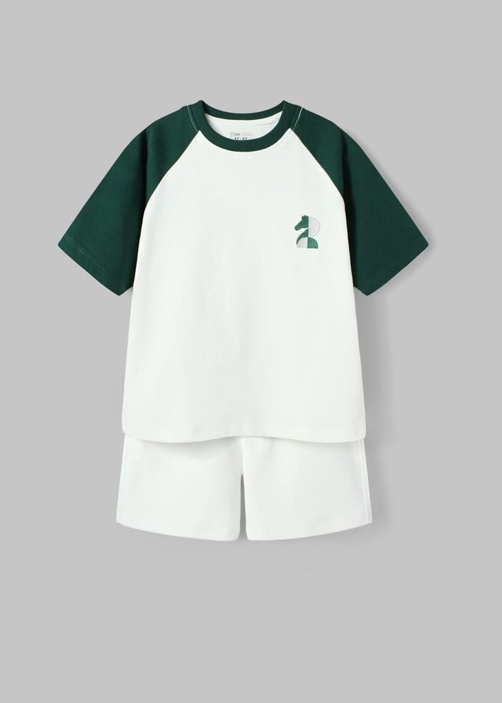 Set Thun Form Rộng Raglan Bé Trai Trắng Phối Xanh Thêu Ngựa