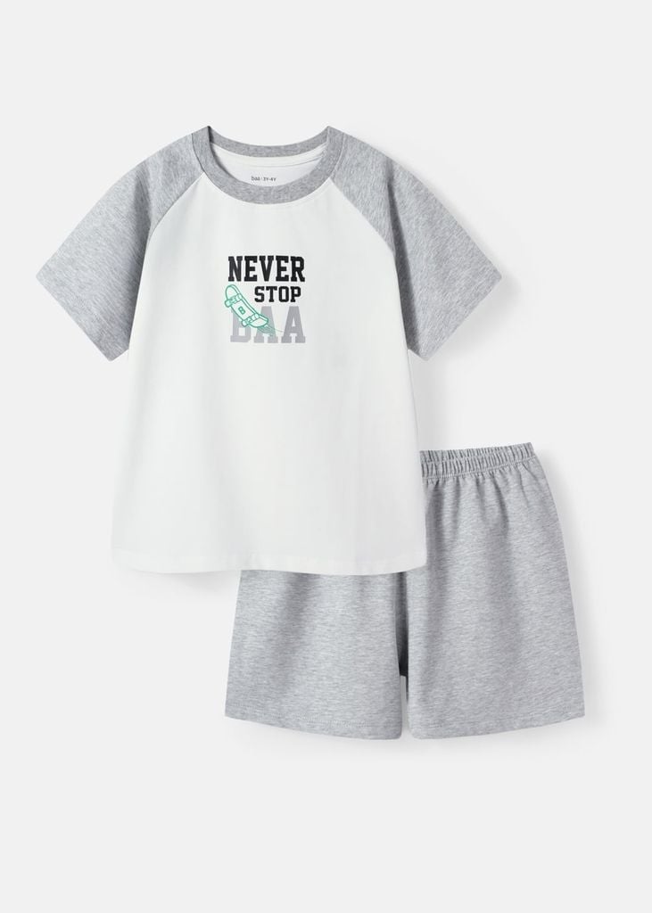 Bộ Thun Tay Raglan Bé Trai Trắng Kem Phối Xám Never Stop