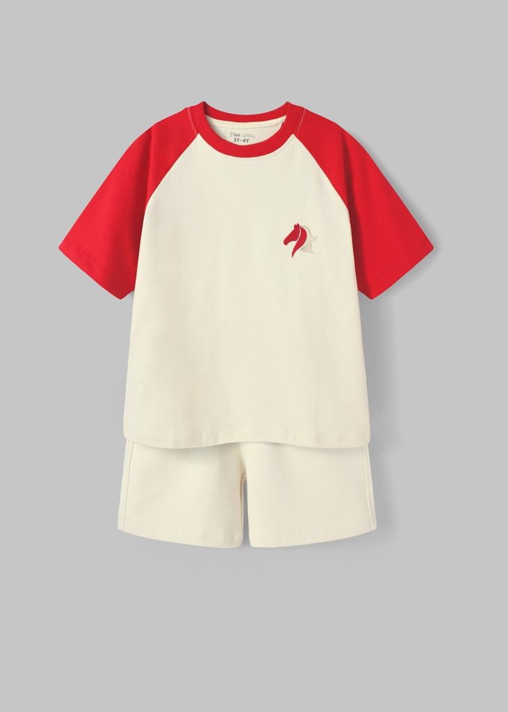 Set Thun Form Rộng Raglan Bé Trai Kem Phối Đỏ Thêu Ngựa
