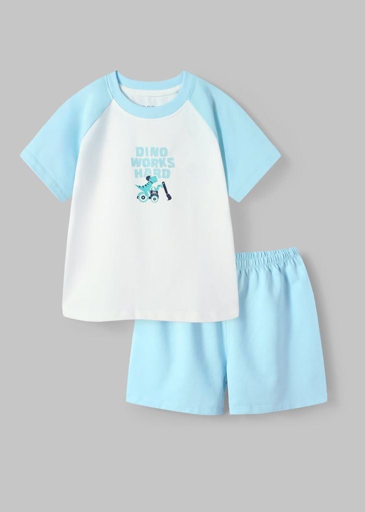 Bộ Thun Tay Raglan Bé Trai Trắng Phối Xanh Khủng Long