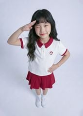 Set Polo Ngắn Tay & Chân Váy Xếp Ly Bé Gái Trắng Phối Đỏ