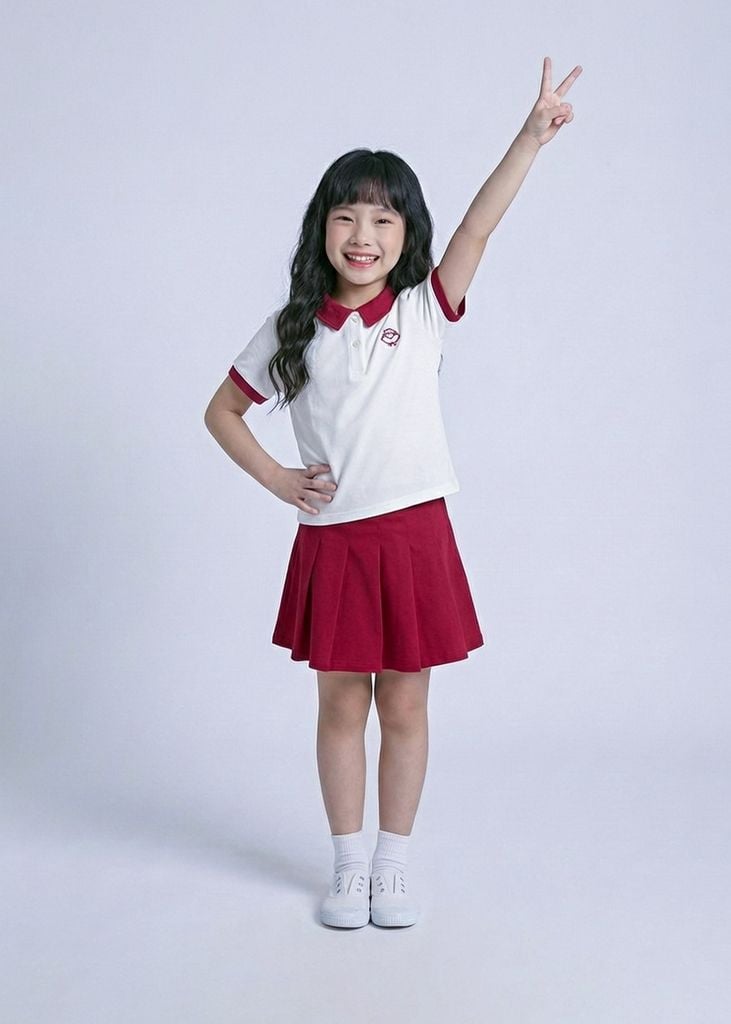 Set Polo Ngắn Tay & Chân Váy Xếp Ly Bé Gái Trắng Phối Đỏ