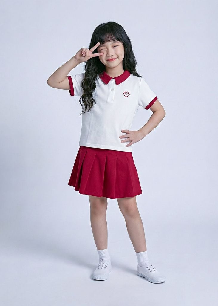Set Polo Ngắn Tay & Chân Váy Xếp Ly Bé Gái Trắng Phối Đỏ