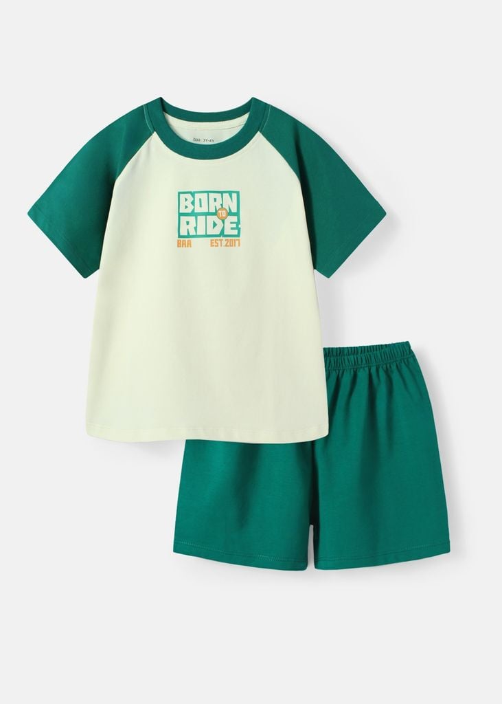 Bộ Thun Tay Raglan Bé Trai Kem Phối Xanh Born To Ride