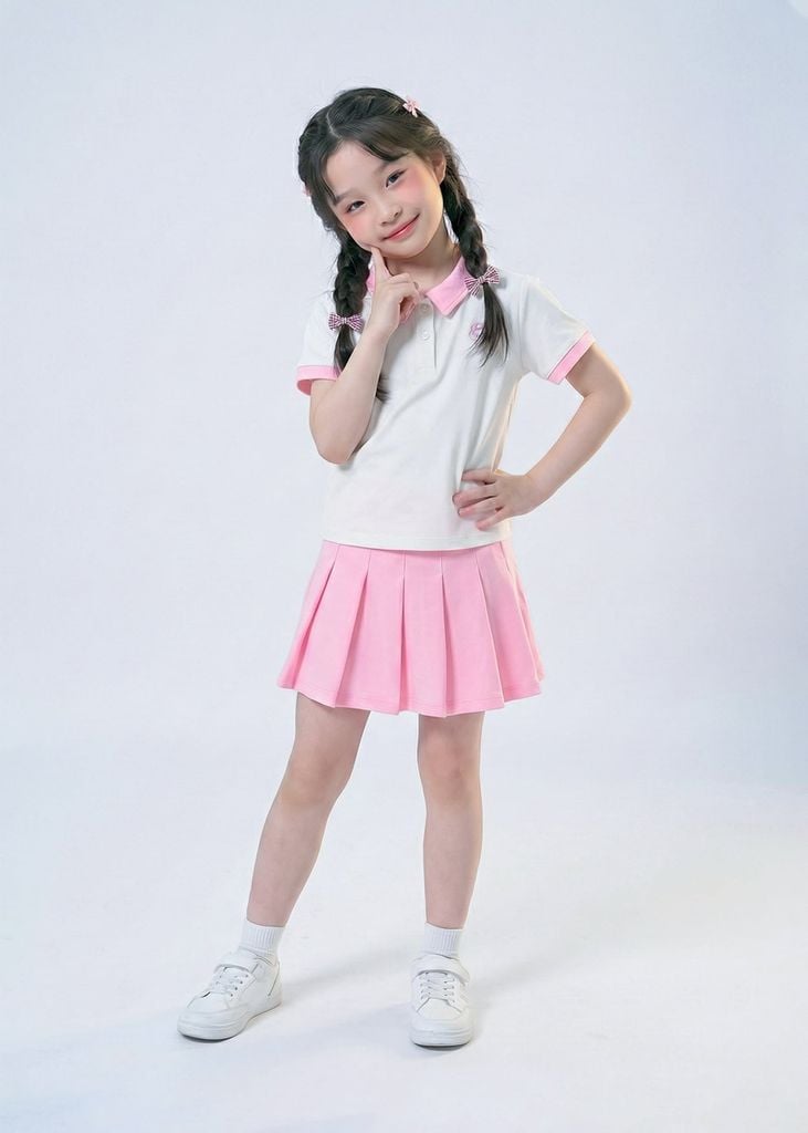 Set Polo Ngắn Tay & Chân Váy Xếp Ly Bé Gái Trắng Phối Hồng