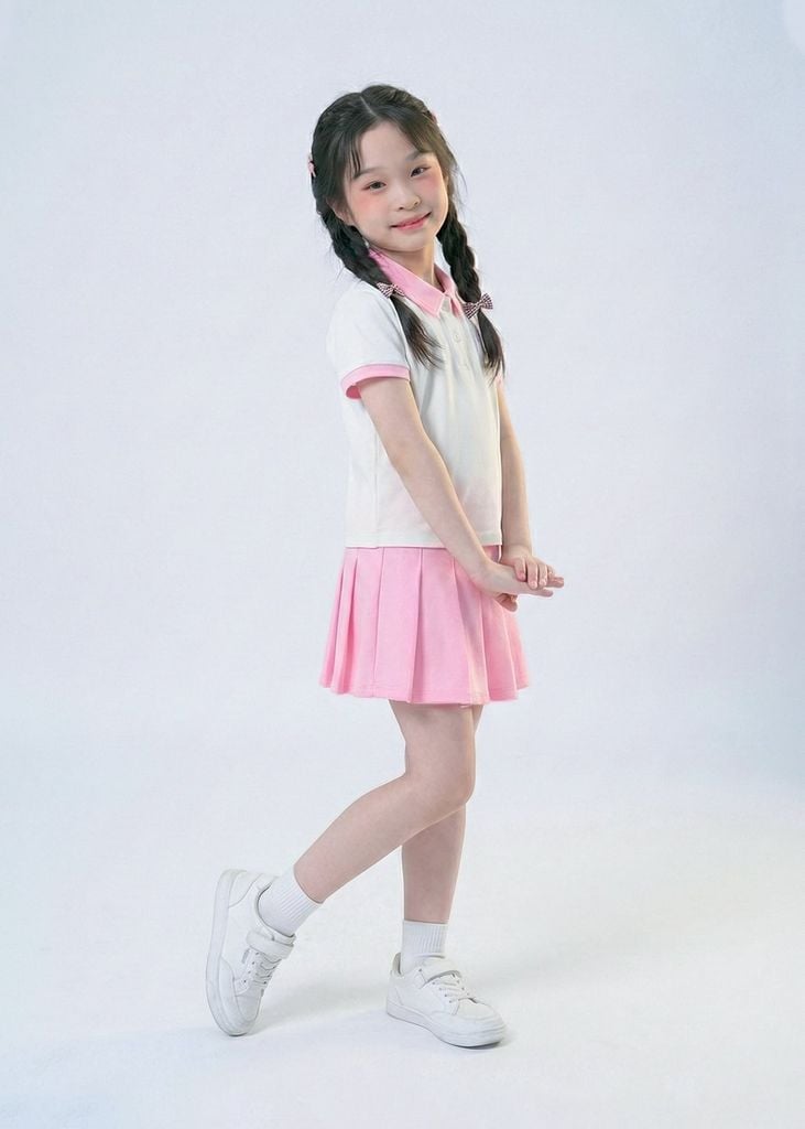 Set Polo Ngắn Tay & Chân Váy Xếp Ly Bé Gái Trắng Phối Hồng