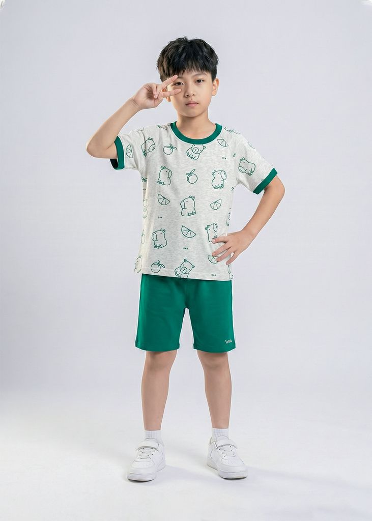 Bộ Thun Ngắn Tay Bé Trai Xám Hoạ Tiết Capypara Phối Xanh Lá