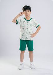 Bộ Thun Ngắn Tay Bé Trai Xám Hoạ Tiết Capypara Phối Xanh Lá