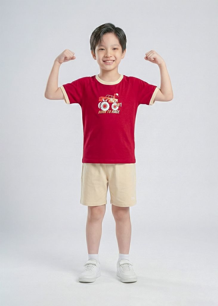 Bộ Thun Ngắn Tay Bé Trai Đỏ Burgundy Xe Đua Phối Be