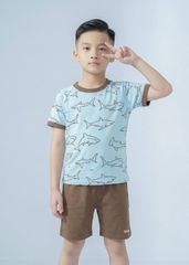 Bộ Thun Ngắn Tay Bé Trai Xanh Hoạ Tiết Cá Mập Phối Nâu