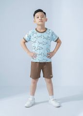 Bộ Thun Ngắn Tay Bé Trai Xanh Hoạ Tiết Cá Mập Phối Nâu