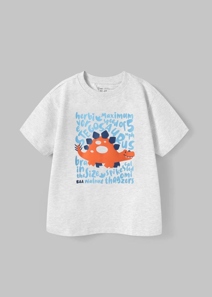 Áo Thun Form Rộng Bé Trai 230gsm Xám Melange Khủng Long