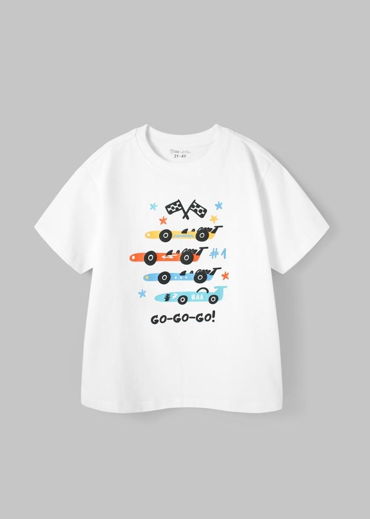 Áo Thun Form Rộng Bé Trai 230gsm Trắng Xe Đua