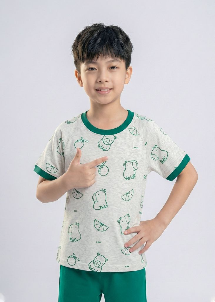 Bộ Thun Ngắn Tay Bé Trai Xám Hoạ Tiết Capypara Phối Xanh Lá