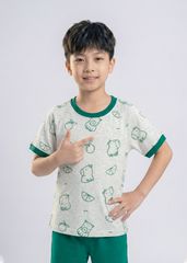 Bộ Thun Ngắn Tay Bé Trai Xám Hoạ Tiết Capypara Phối Xanh Lá