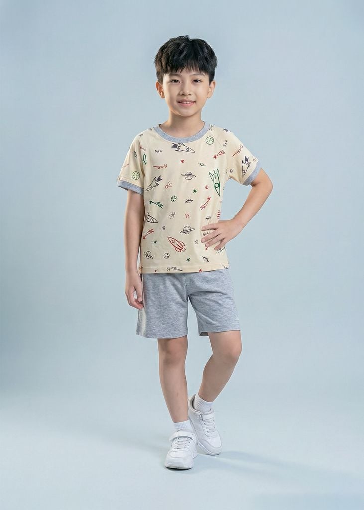 Bộ Thun Ngắn Tay Bé Trai Be Hoạ Tiết Vũ Trụ Phối Xám