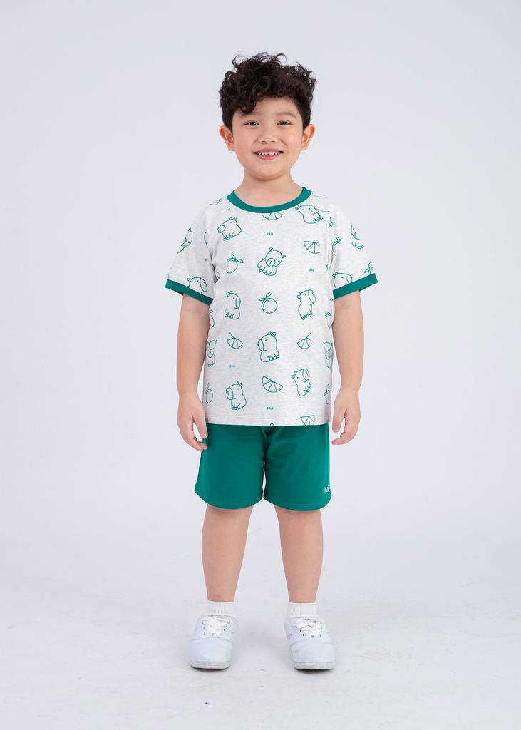 Bộ Thun Ngắn Tay Bé Trai Xám Hoạ Tiết Capypara Phối Xanh Lá