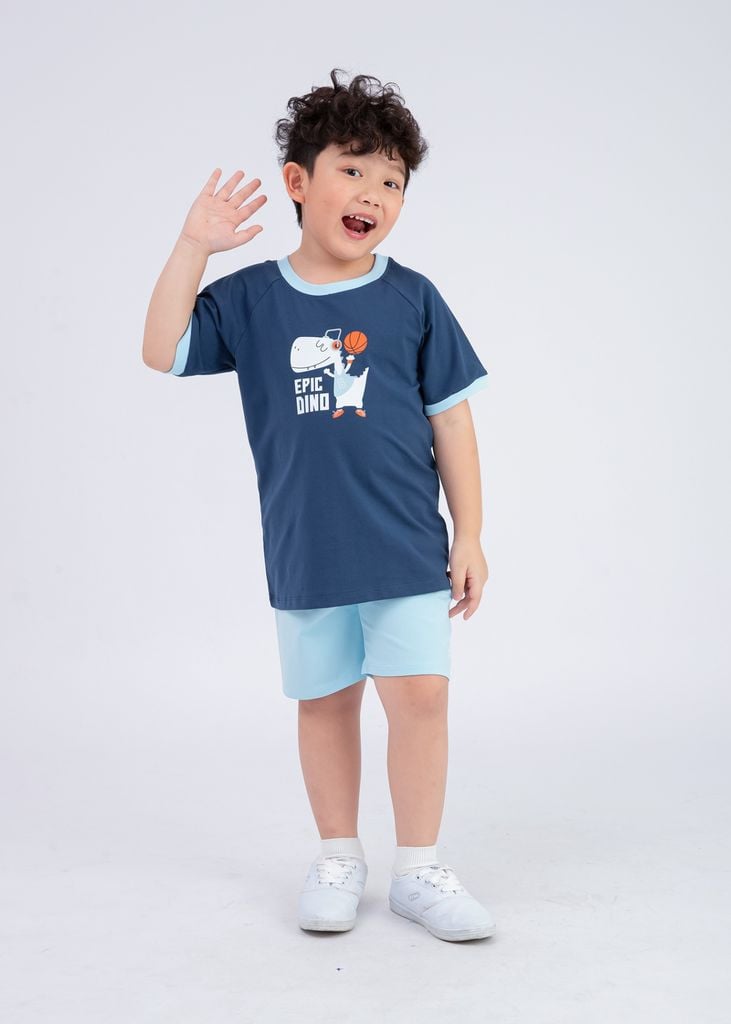 Bộ Thun Ngắn Tay Bé Trai Navy Khủng Long Phối Xanh