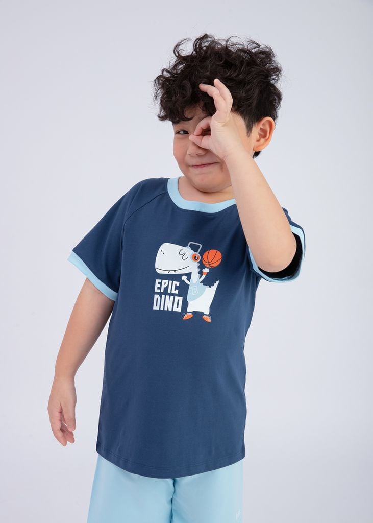 Bộ Thun Ngắn Tay Bé Trai Navy Khủng Long Phối Xanh