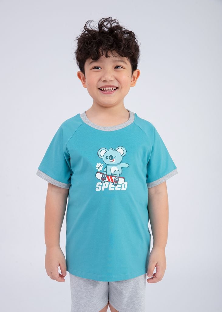 Bộ Thun Ngắn Tay Bé Trai Xanh Koala Trượt Ván Phối Xám
